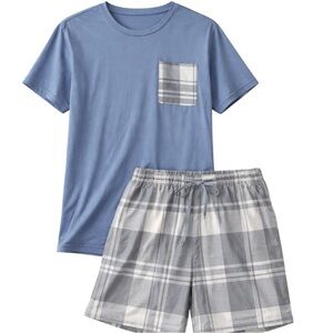 Plus Size Pajama Set 4XL Blue Plaid Pocket Tee and Shorts Lounge Sleepwear NWOT